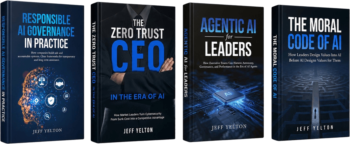 The four AI Books lined up: Responsible AI Governance in Practice, The Zero Trust CEO, Agentic AI for Leaders, and The Moral Code of AI